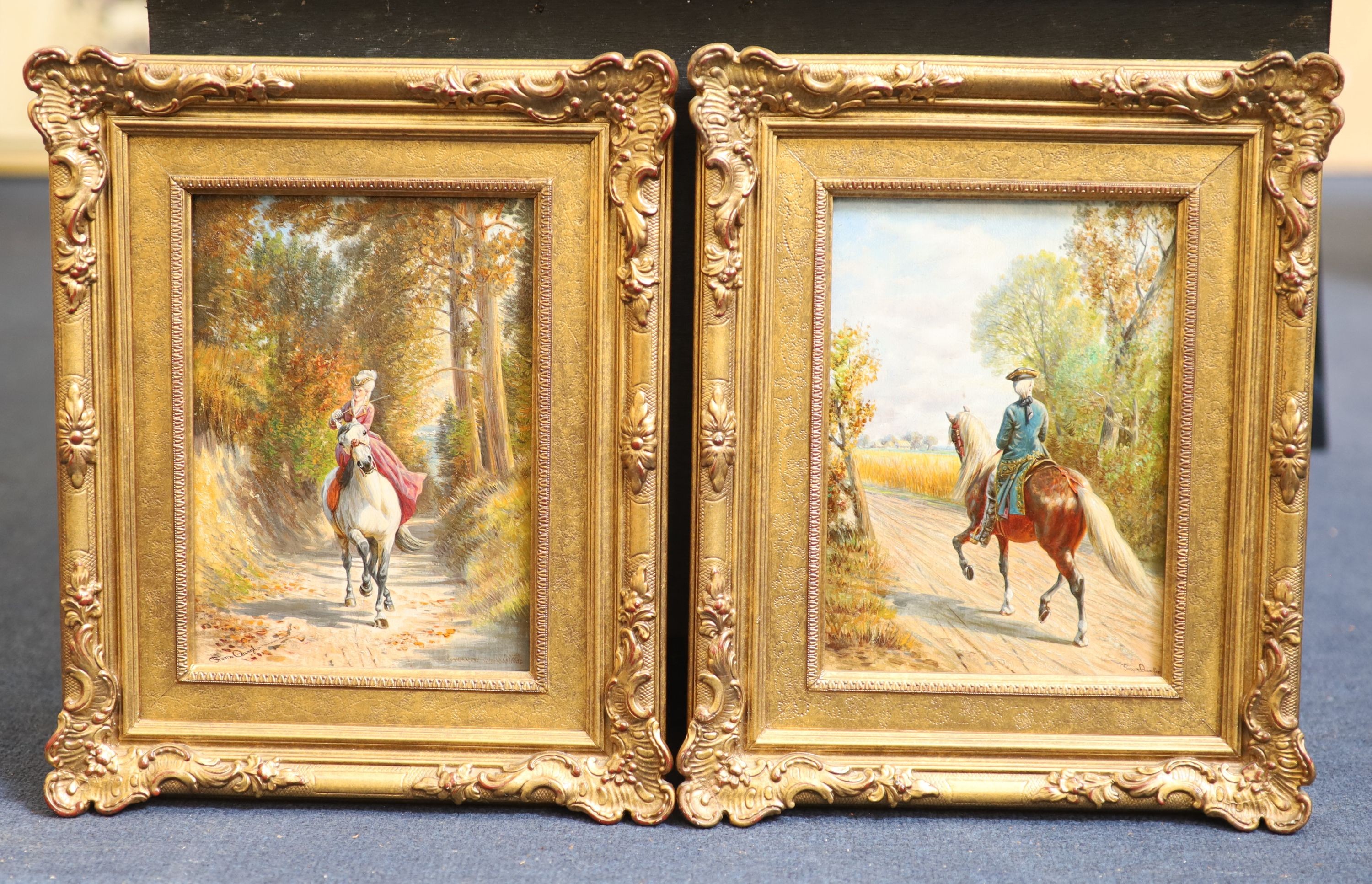 Franz Quaglio (German, 1844-1920), Equestrians on country lanes, Pair of oils on wooden panels, 21 x 15cm.